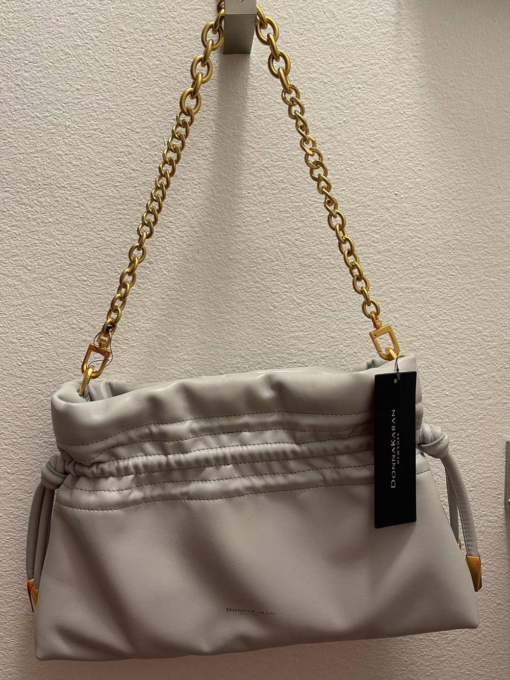 Donna Karan Soft Gathered Shoulder Bag in Light Gray with Gold Chain Strap